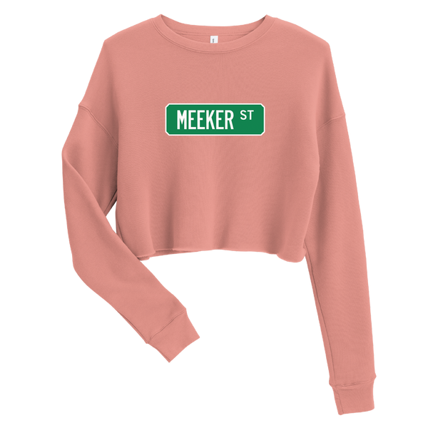 A mockup of the Meeker St Street Sign Muncie Ladies Cropped Crewneck