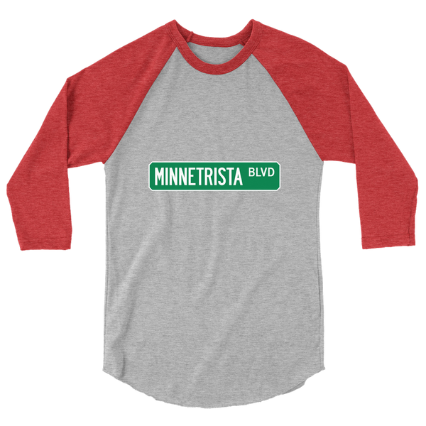 A mockup of the Minnetrista Blvd Street Sign Muncie Raglan 3/4 Sleeve