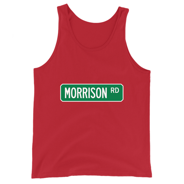 A mockup of the Morrison Rd Street Sign Muncie Tank Top