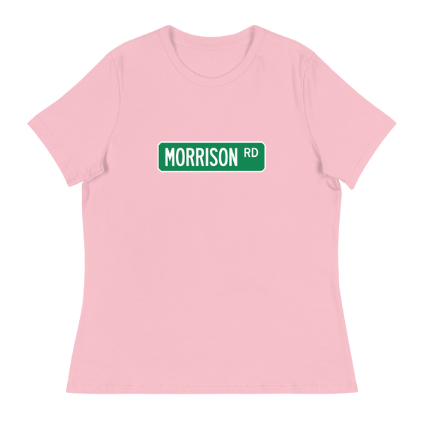 A mockup of the Morrison Rd Street Sign Muncie Ladies Tee