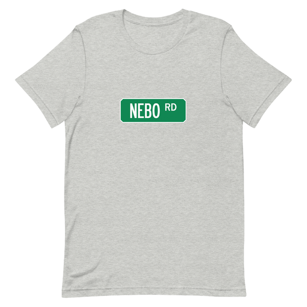 A mockup of the Nebo Rd Street Sign Muncie T-Shirt