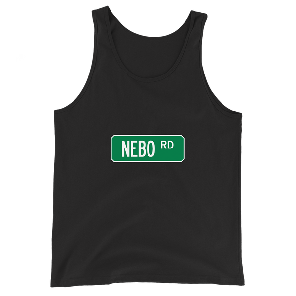 A mockup of the Nebo Rd Street Sign Muncie Tank Top