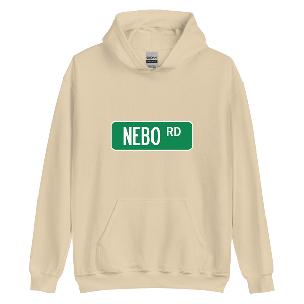 A mockup of the Nebo Rd Street Sign Muncie Hoodie