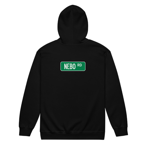 A mockup of the Nebo Rd Street Sign Muncie Zipping Hoodie
