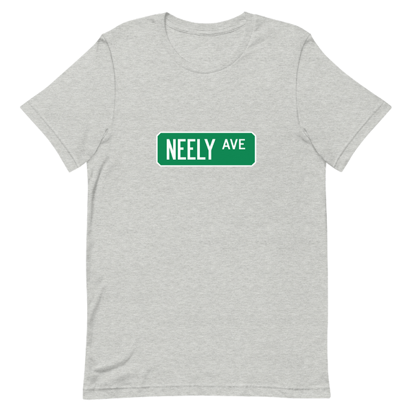 A mockup of the Neely Ave Street Sign Muncie T-Shirt