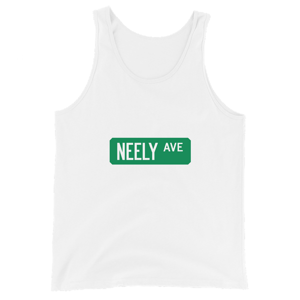 A mockup of the Neely Ave Street Sign Muncie Tank Top