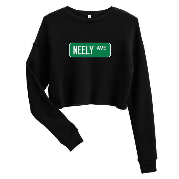 A mockup of the Neely Ave Street Sign Muncie Ladies Cropped Crewneck
