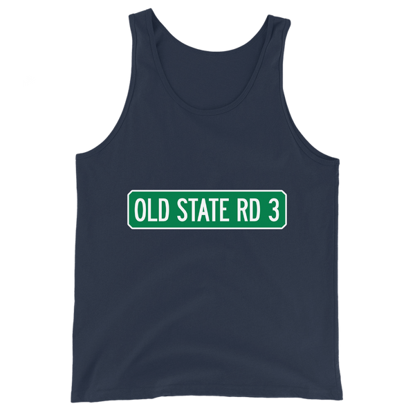 A mockup of the Old State Road 3 Street Sign Muncie Tank Top