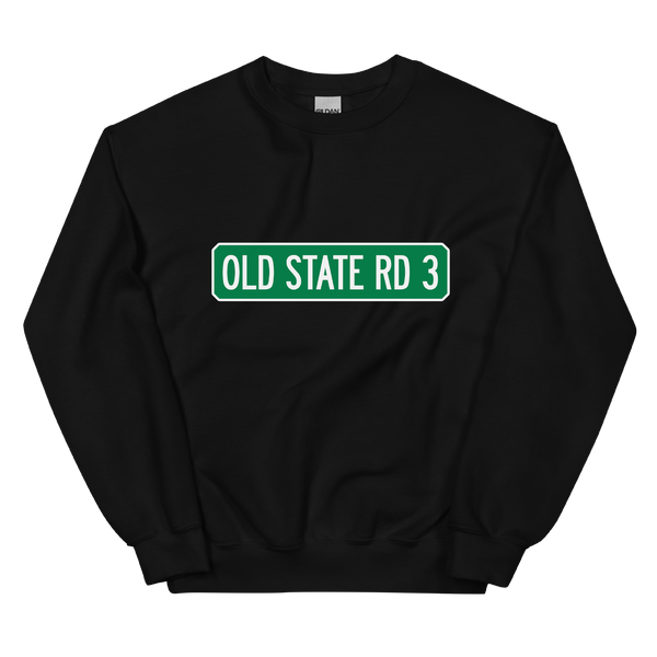 A mockup of the Old State Road 3 Street Sign Muncie Crewneck