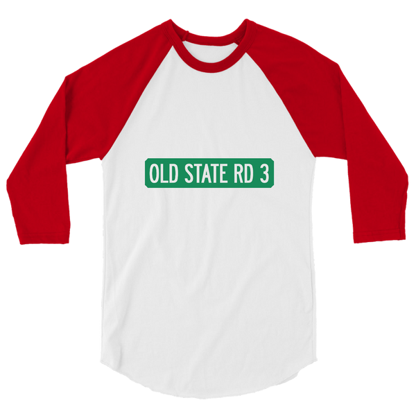 A mockup of the Old State Road 3 Street Sign Muncie Raglan 3/4 Sleeve