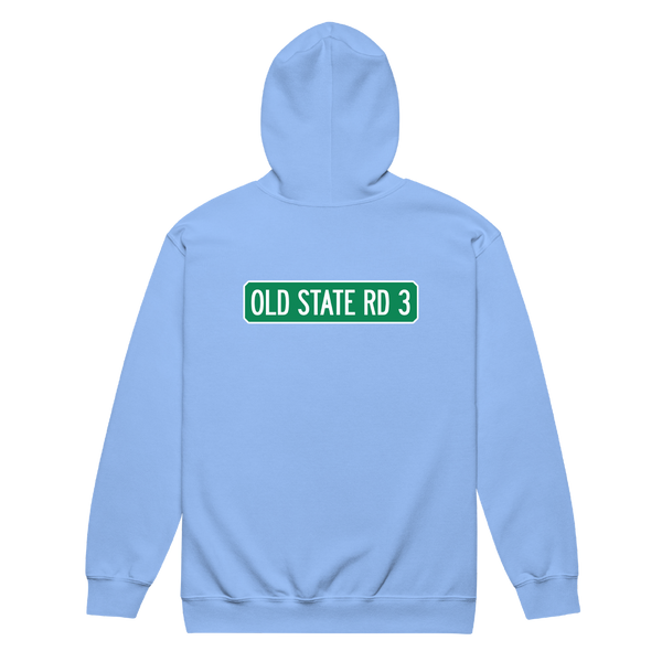 A mockup of the Old State Road 3 Street Sign Muncie Zipping Hoodie