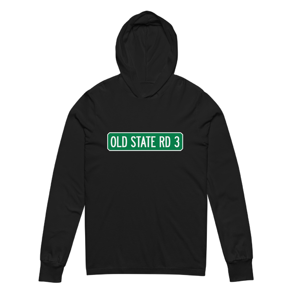 A mockup of the Old State Road 3 Street Sign Muncie Hooded Tee