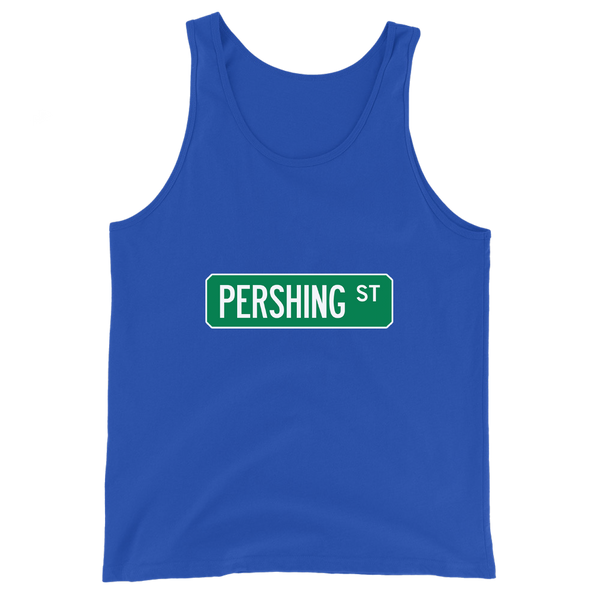 A mockup of the Pershing St Street Sign Muncie Tank Top
