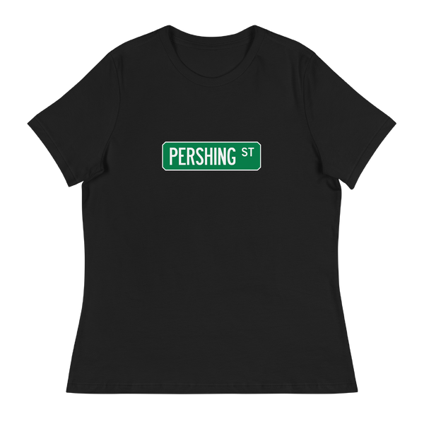 A mockup of the Pershing St Street Sign Muncie Ladies Tee