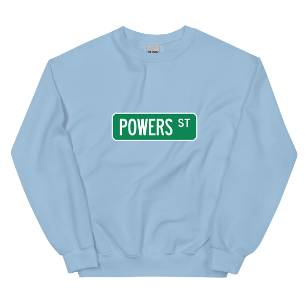 A mockup of the Powers St Street Sign Muncie Crewneck