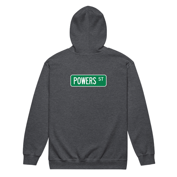 A mockup of the Powers St Street Sign Muncie Zipping Hoodie