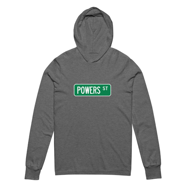 A mockup of the Powers St Street Sign Muncie Hooded Tee