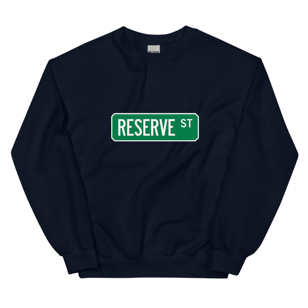 A mockup of the Reserve St Street Sign Muncie Crewneck