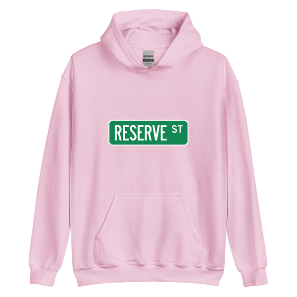 A mockup of the Reserve St Street Sign Muncie Hoodie
