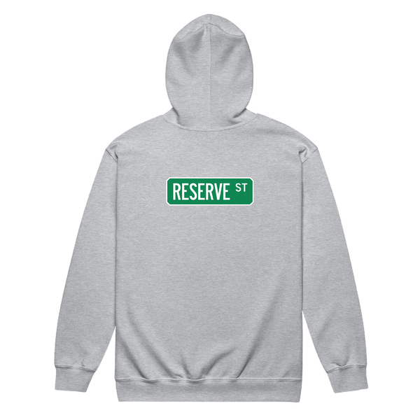 A mockup of the Reserve St Street Sign Muncie Zipping Hoodie