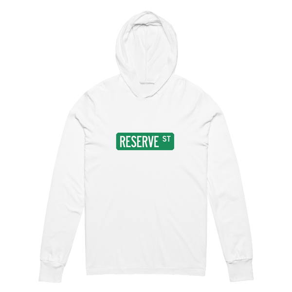 A mockup of the Reserve St Street Sign Muncie Hooded Tee