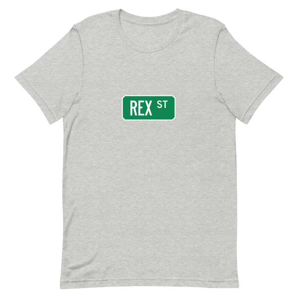 A mockup of the Rex St Street Sign Muncie T-Shirt