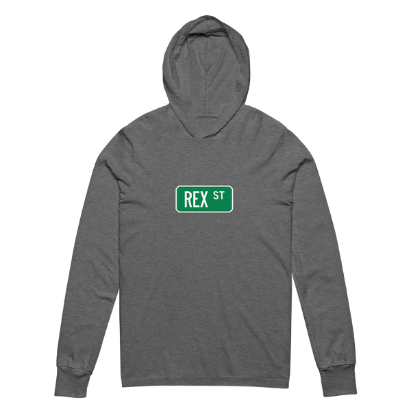 A mockup of the Rex St Street Sign Muncie Hooded Tee