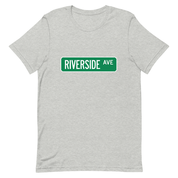 A mockup of the Riverside Ave Street Sign Muncie T-Shirt