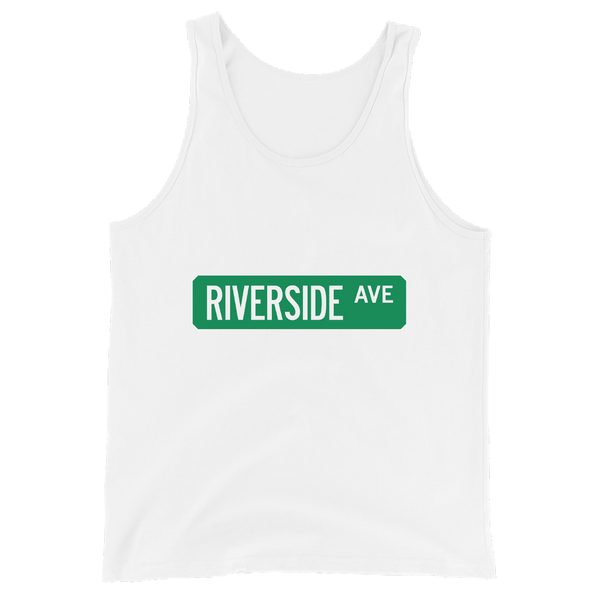 A mockup of the Riverside Ave Street Sign Muncie Tank Top