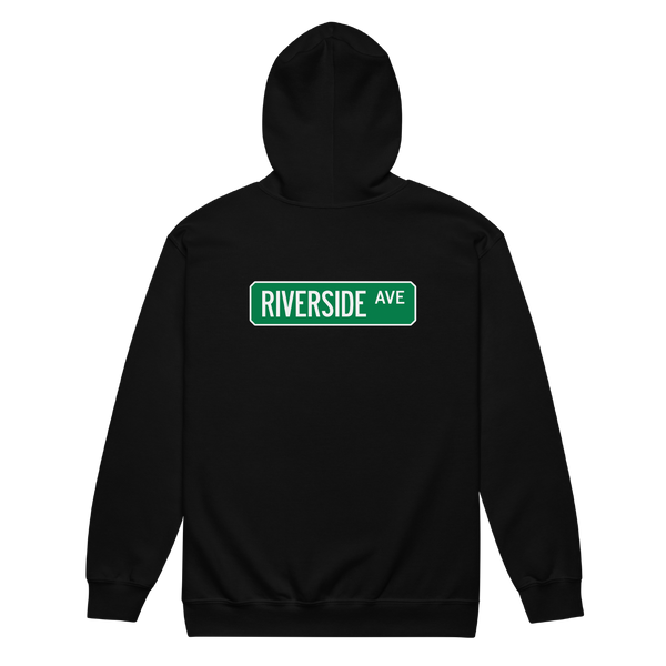 A mockup of the Riverside Ave Street Sign Muncie Zipping Hoodie
