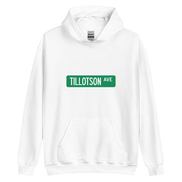 A mockup of the Tillotson Ave Street Sign Muncie Hoodie