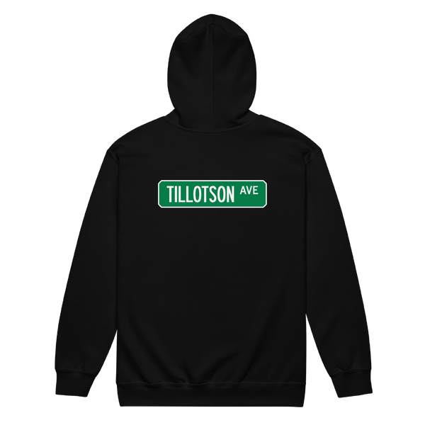 A mockup of the Tillotson Ave Street Sign Muncie Zipping Hoodie