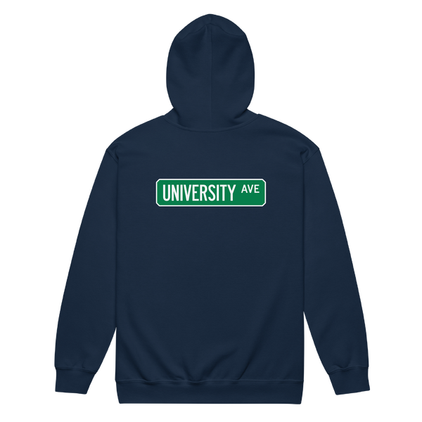 A mockup of the University Ave Street Sign Muncie Zipping Hoodie
