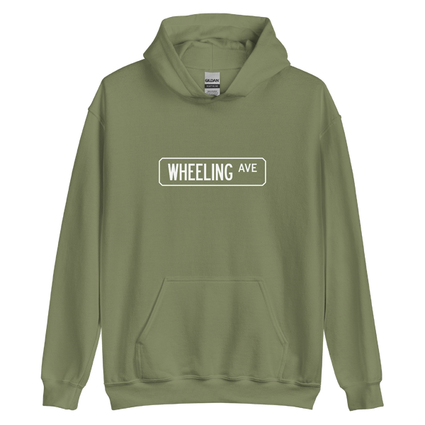 A mockup of the Wheeling Ave Street Sign Muncie Hoodie