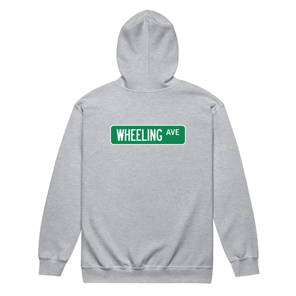 A mockup of the Wheeling Ave Street Sign Muncie Zipping Hoodie