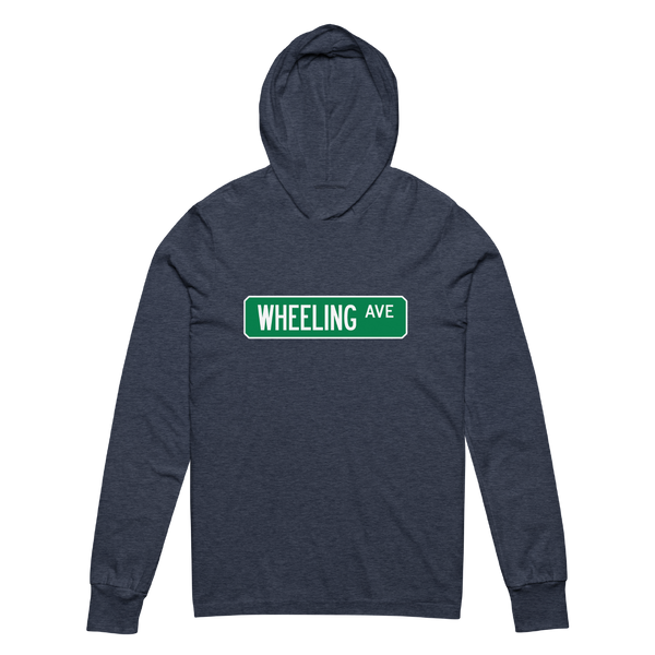 A mockup of the Wheeling Ave Street Sign Muncie Hooded Tee