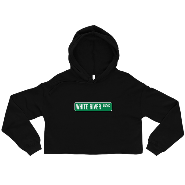 A mockup of the White River Blvd Street Sign Muncie Ladies Cropped Hoodie