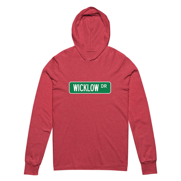 A mockup of the Wicklow St Street Sign Muncie Hooded Tee