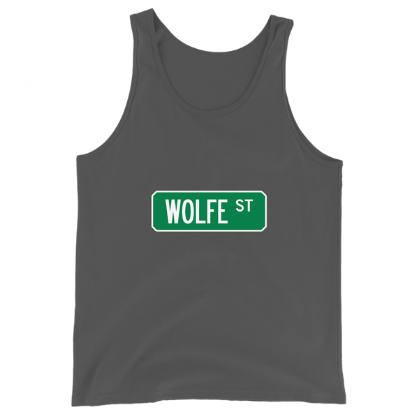 A mockup of the Wolfe St Street Sign Muncie Tank Top