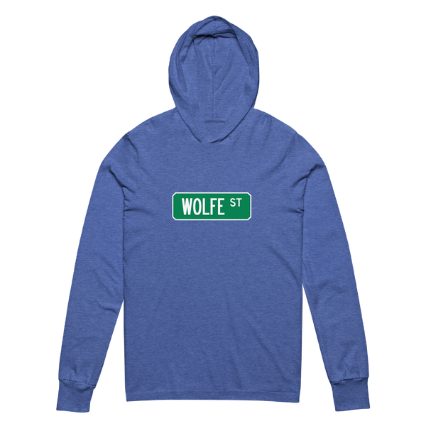 A mockup of the Wolfe St Street Sign Muncie Hooded Tee