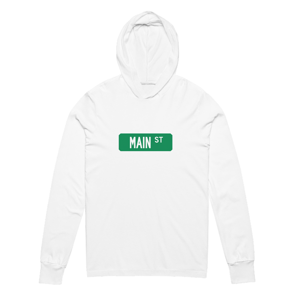 A mockup of the Main St Street Sign Muncie Hooded Tee