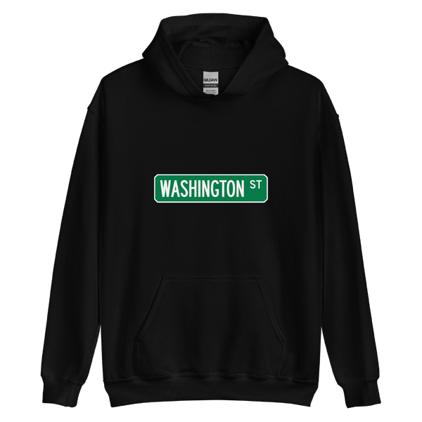 A mockup of the Washington St Street Sign Muncie Hoodie