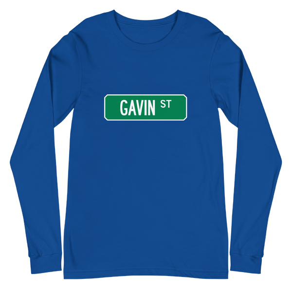 A mockup of the Gavin St Street Sign Muncie Long Sleeve Tee