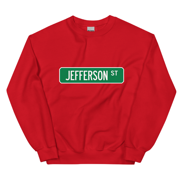 A mockup of the Jefferson St Street Sign Muncie Crewneck