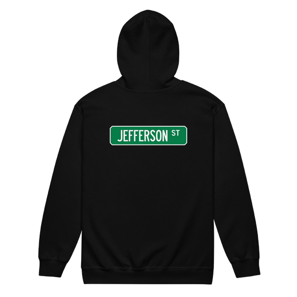 A mockup of the Jefferson St Street Sign Muncie Zipping Hoodie