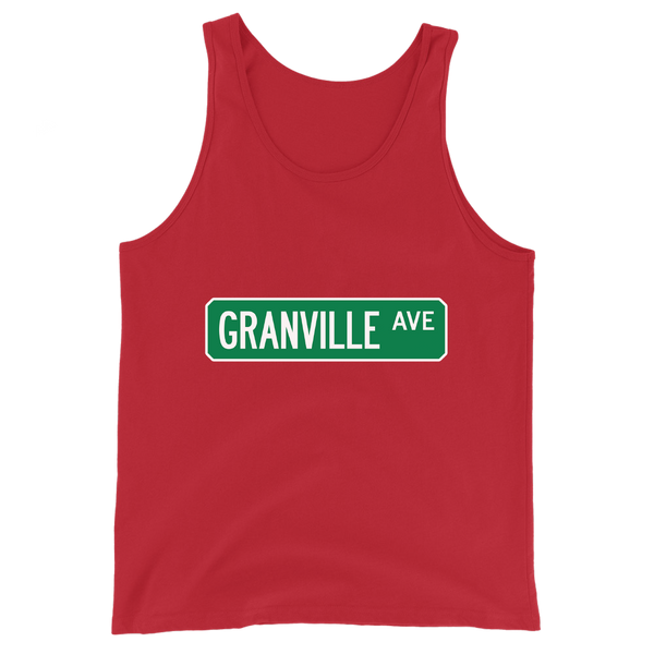 A mockup of the Granville Ave Street Sign Muncie Tank Top