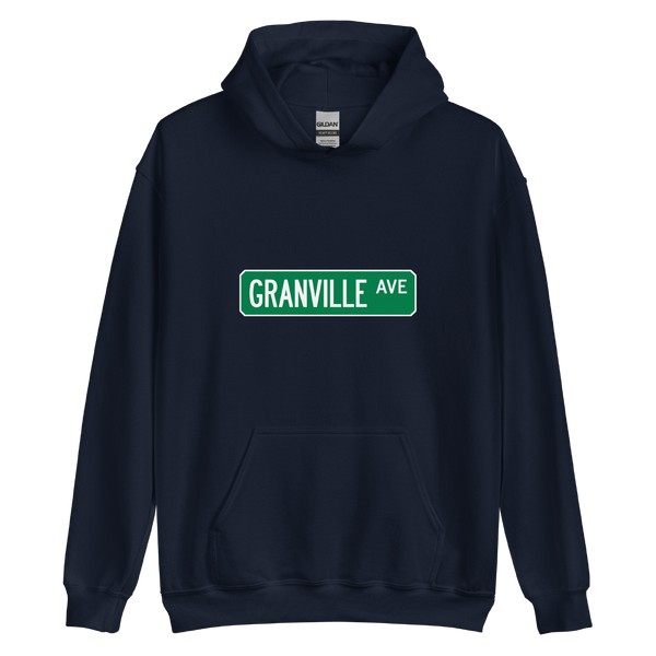 A mockup of the Granville Ave Street Sign Muncie Hoodie