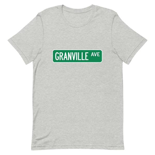 A mockup of the Granville Ave Street Sign Muncie T-Shirt