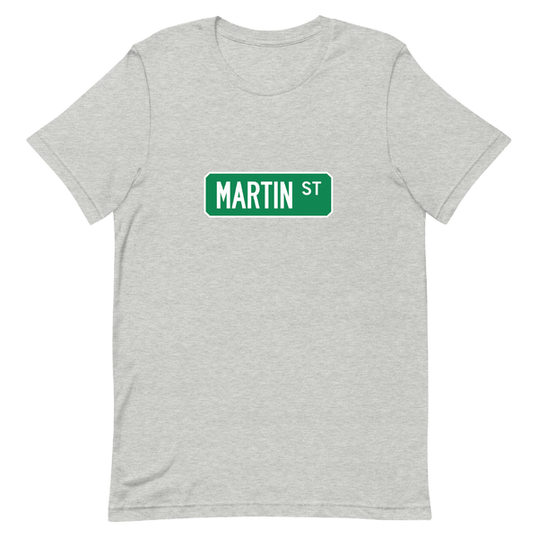 A mockup of the Martin St Street Sign Muncie T-Shirt