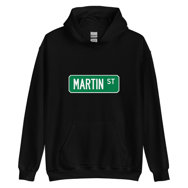 A mockup of the Martin St Street Sign Muncie Hoodie